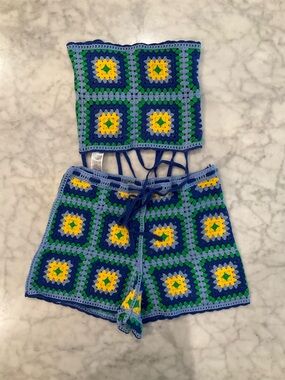 Zara Crochet Crop Top & Shorts Set - Blue, Green, Yellow